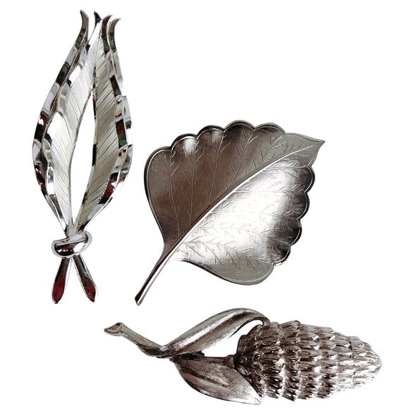 Vintage Signed Pell Brooch Lot Of 3 Mid Century Silver Tone Leaf Pin Jewelry - Picture 1 of 13